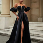 Off the Shoulder Classic A Line Satin Sweetheart Prom Dress With Slit