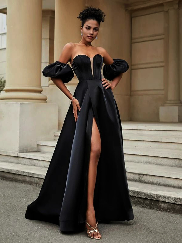 Off the Shoulder Classic A Line Satin Sweetheart Prom Dress With Slit